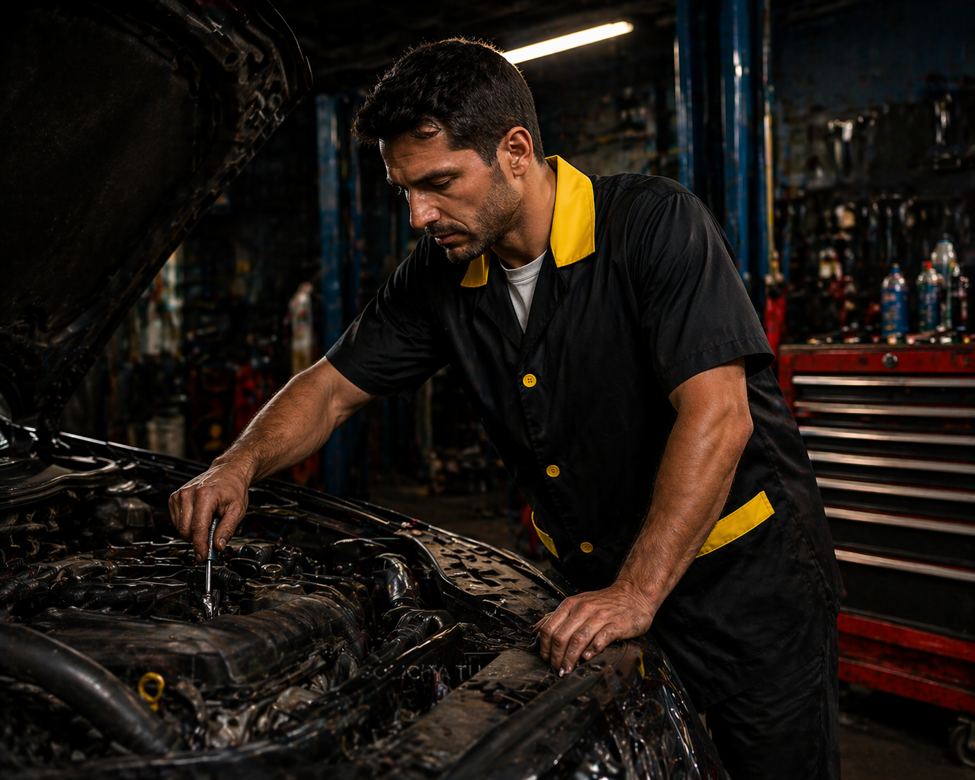 Detalle de uso real de la bata tipo mecánico