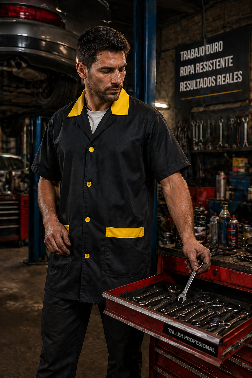 Modelo usando bata tipo mecánico negra con detalles amarillos